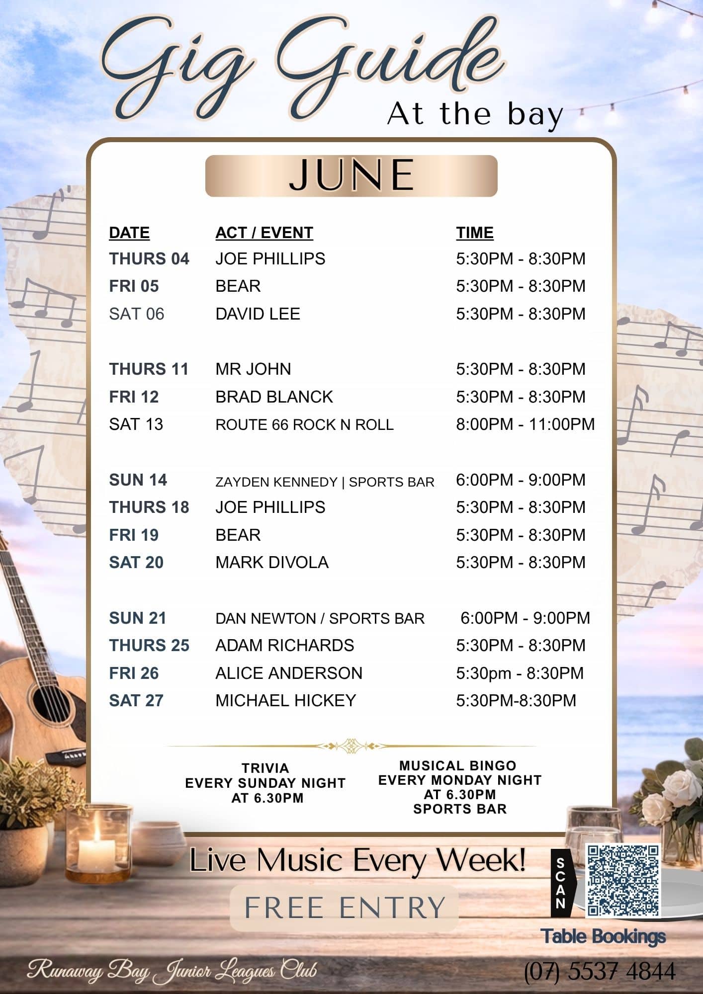 June Gig Guide — live music every week, free entry, full line-up of acts