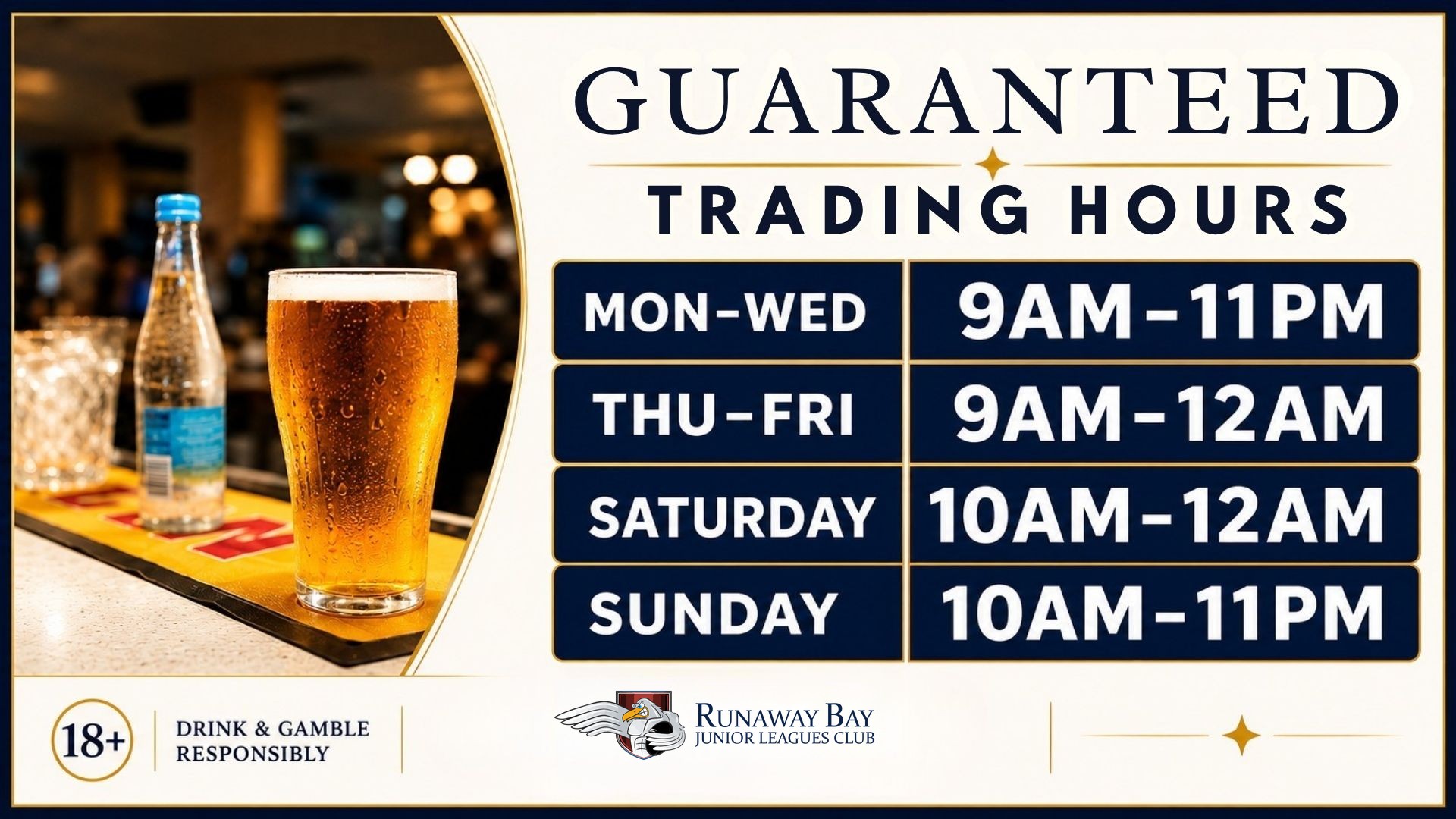 Guaranteed trading hours — Monday to Wednesday 9am to 11pm, Thursday to Friday 9am to 12am, Saturday 10am to 12am, Sunday 10am to 11pm