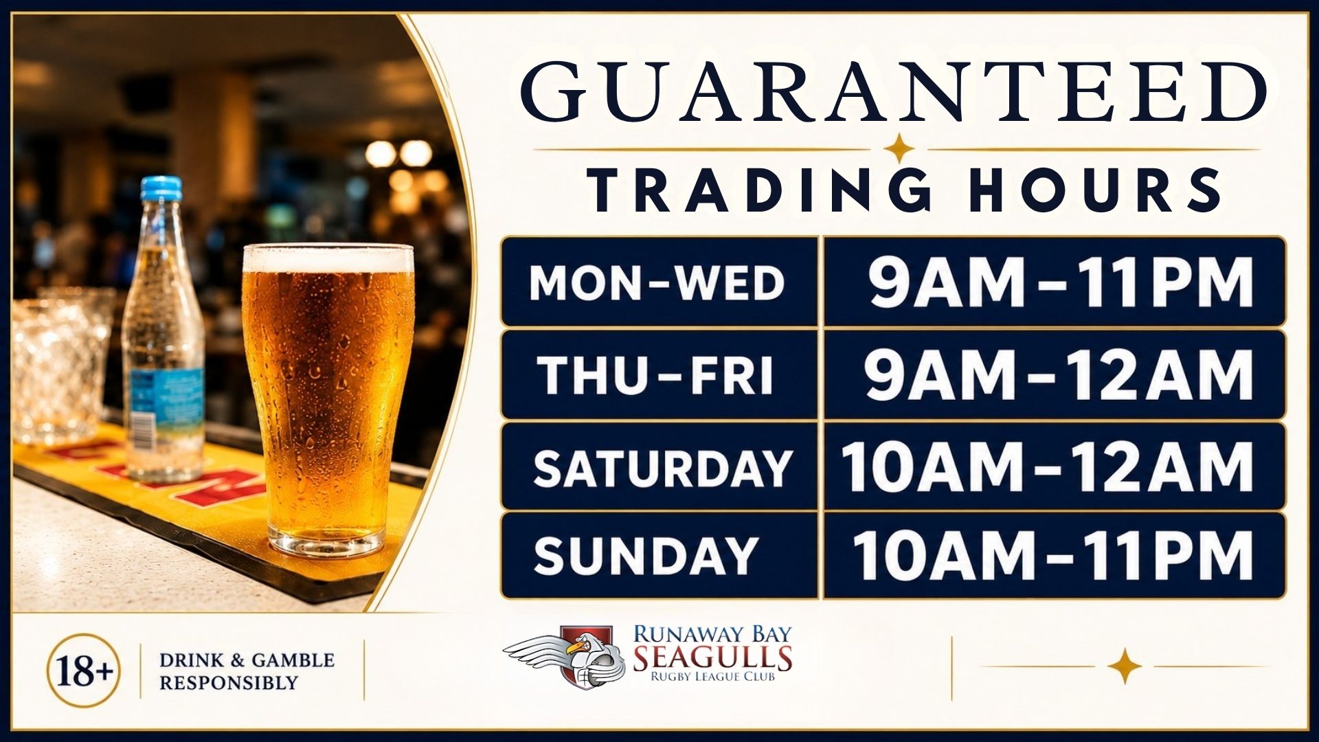 Guaranteed trading hours — Monday to Wednesday 9am to 11pm, Thursday to Friday 9am to 12am, Saturday 10am to 12am, Sunday 10am to 11pm