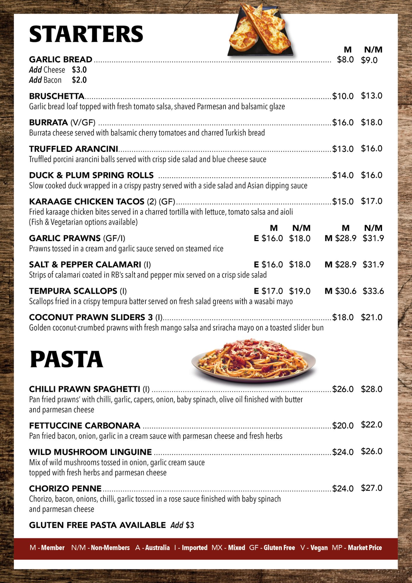 Menu — Starters and Pasta