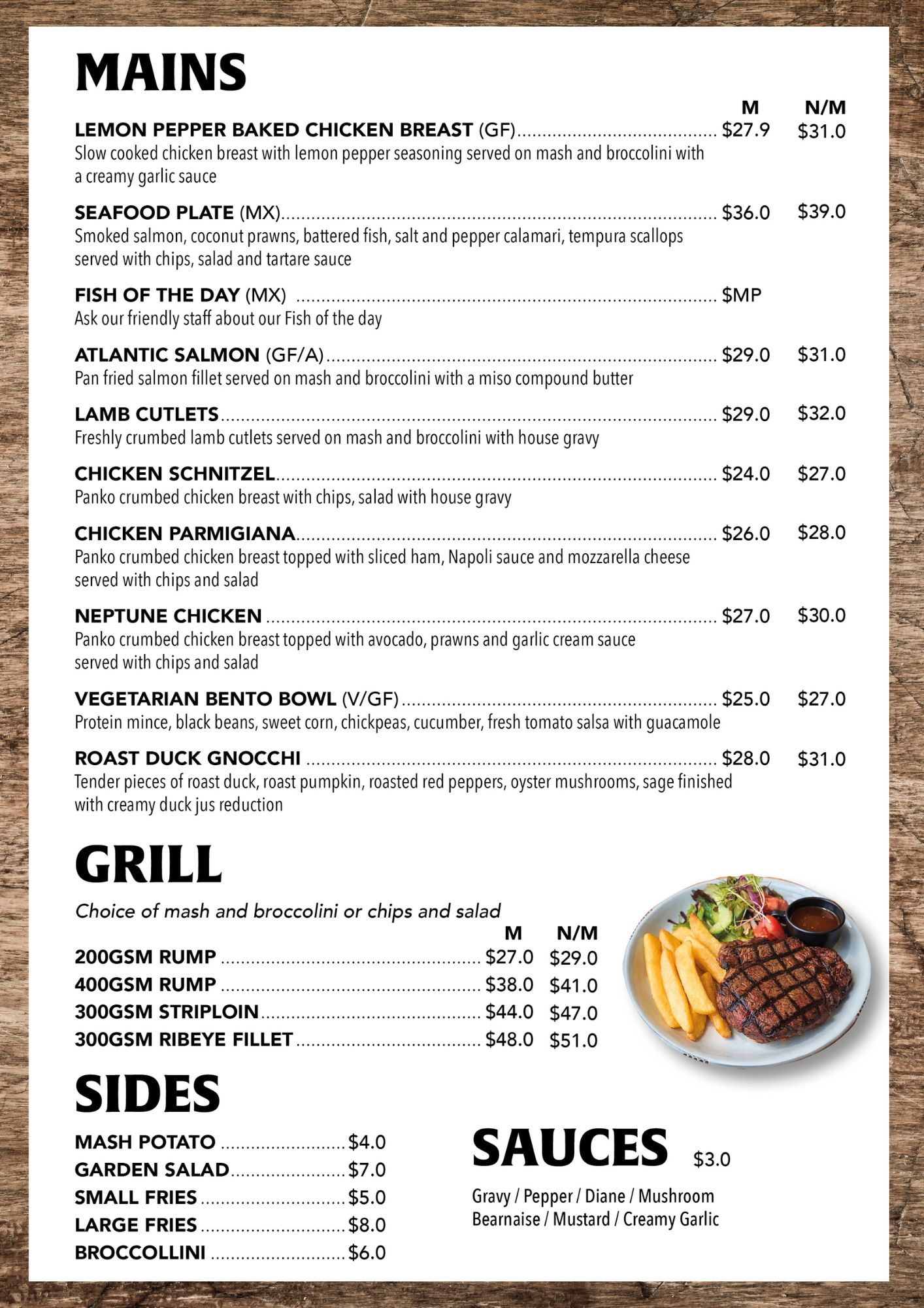 Menu — Mains, Grill, Sides and Sauces