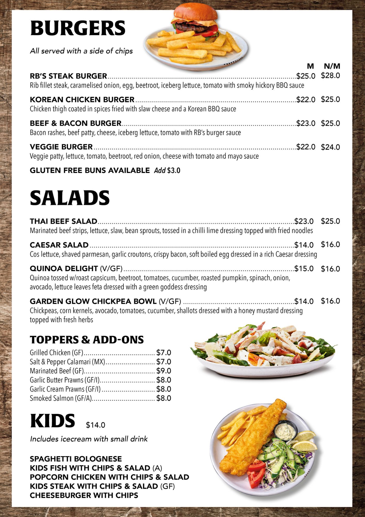 Menu — Burgers, Salads, Toppers, Add-ons and Kids meals