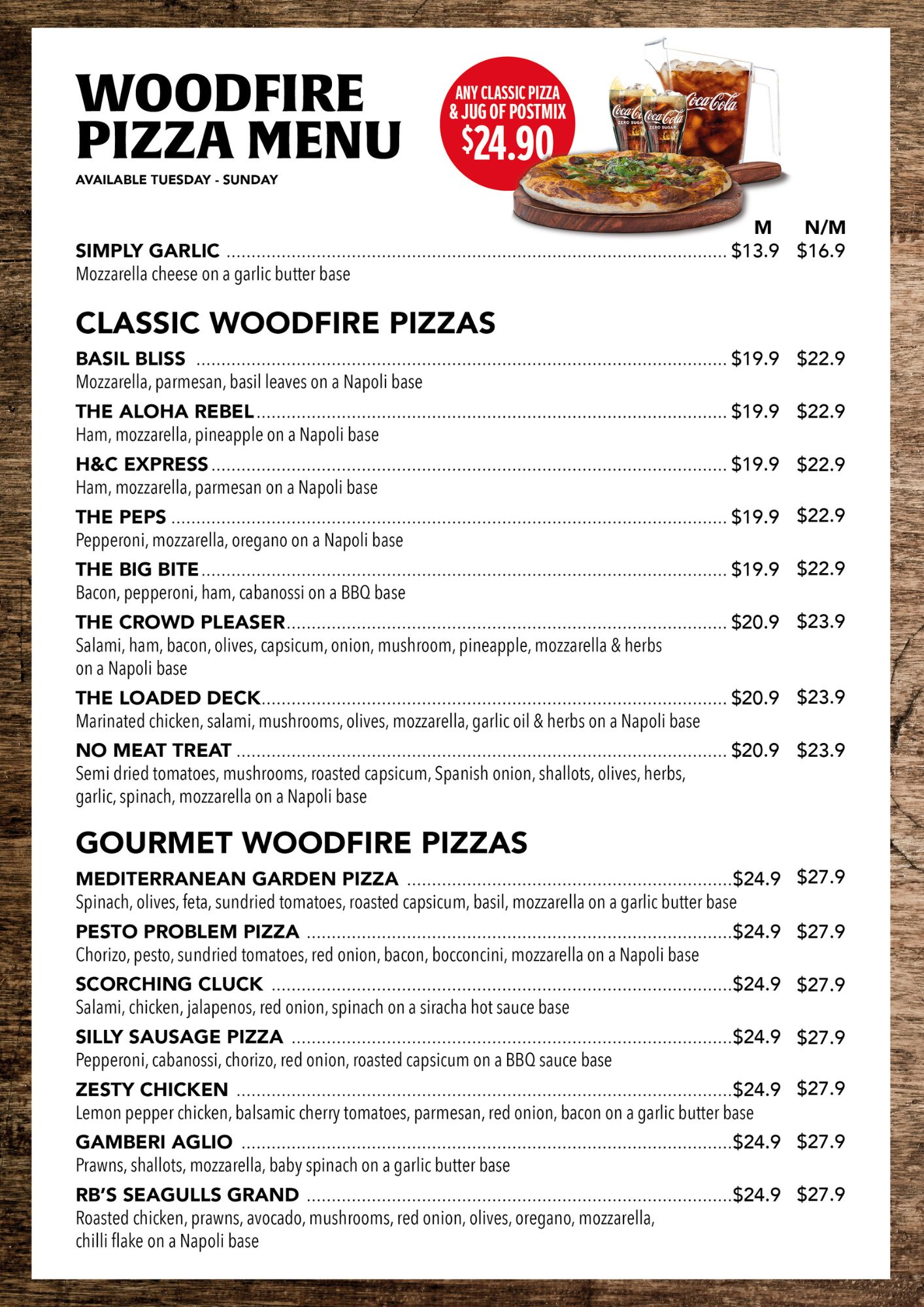 Woodfire Pizza Menu — classic and gourmet pizzas