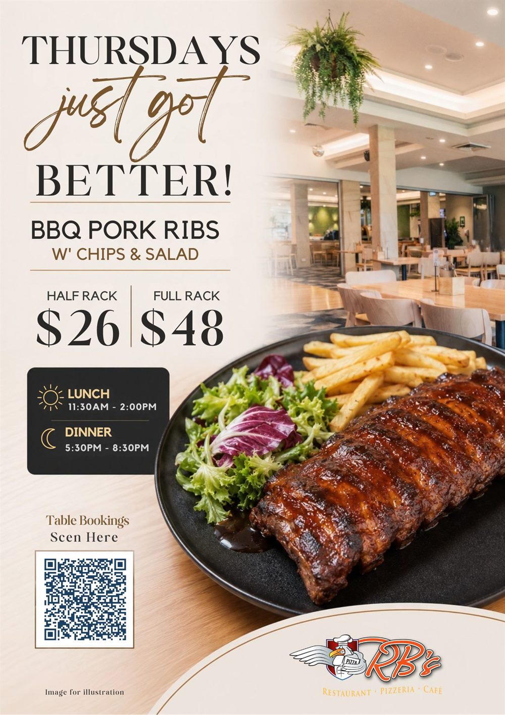 Thursdays BBQ Pork Ribs with chips and salad — half rack $26, full rack $48, lunch and dinner