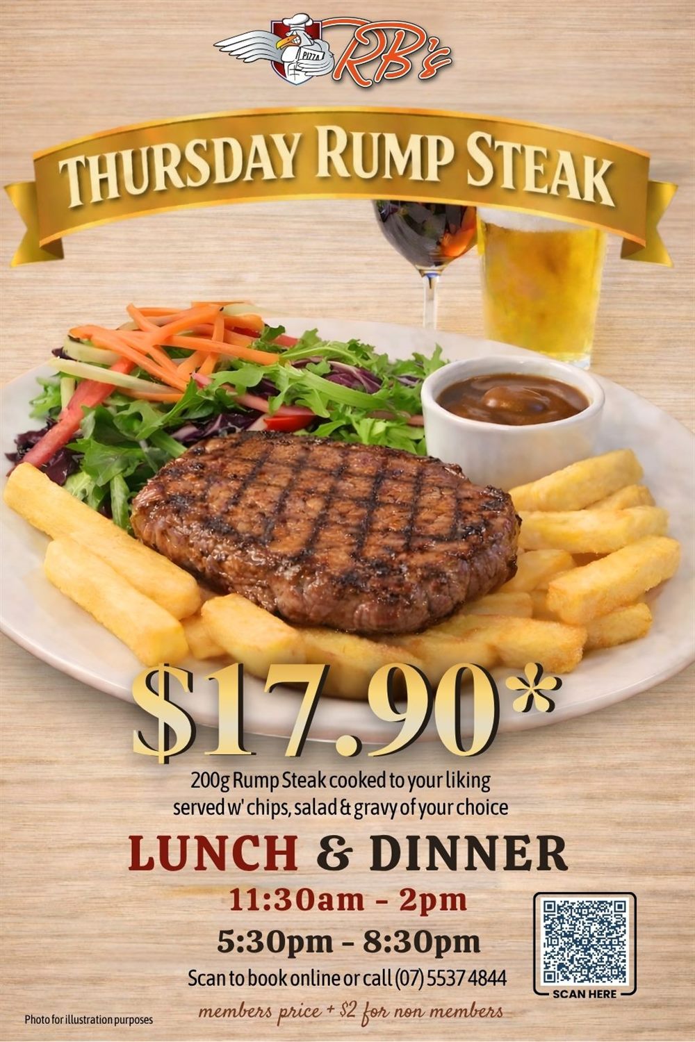 Thursday Rump Steak — $17.90 for a 200g rump cooked to your liking with chips, salad and gravy, lunch and dinner