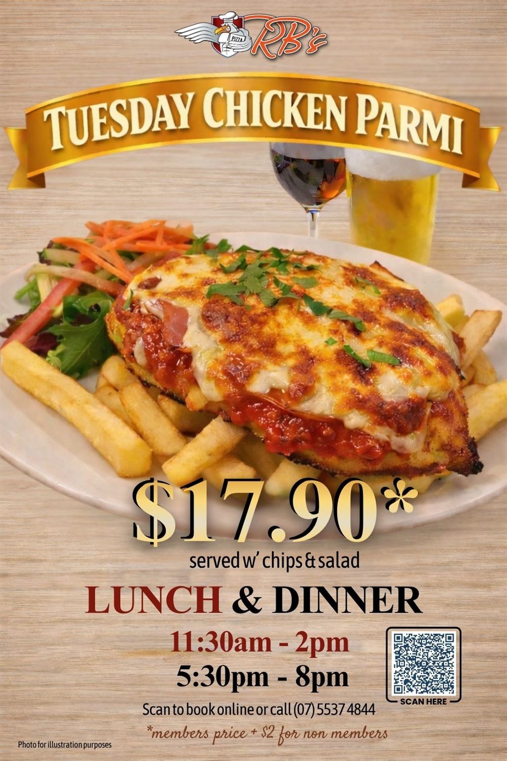 Tuesday Chicken Parmi — $17.90 served with chips and salad, lunch 11:30am to 2pm and dinner 5:30pm to 8pm